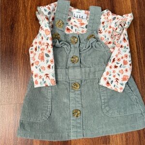 Floral Long Sleeve with Corduroy Overall Dress
